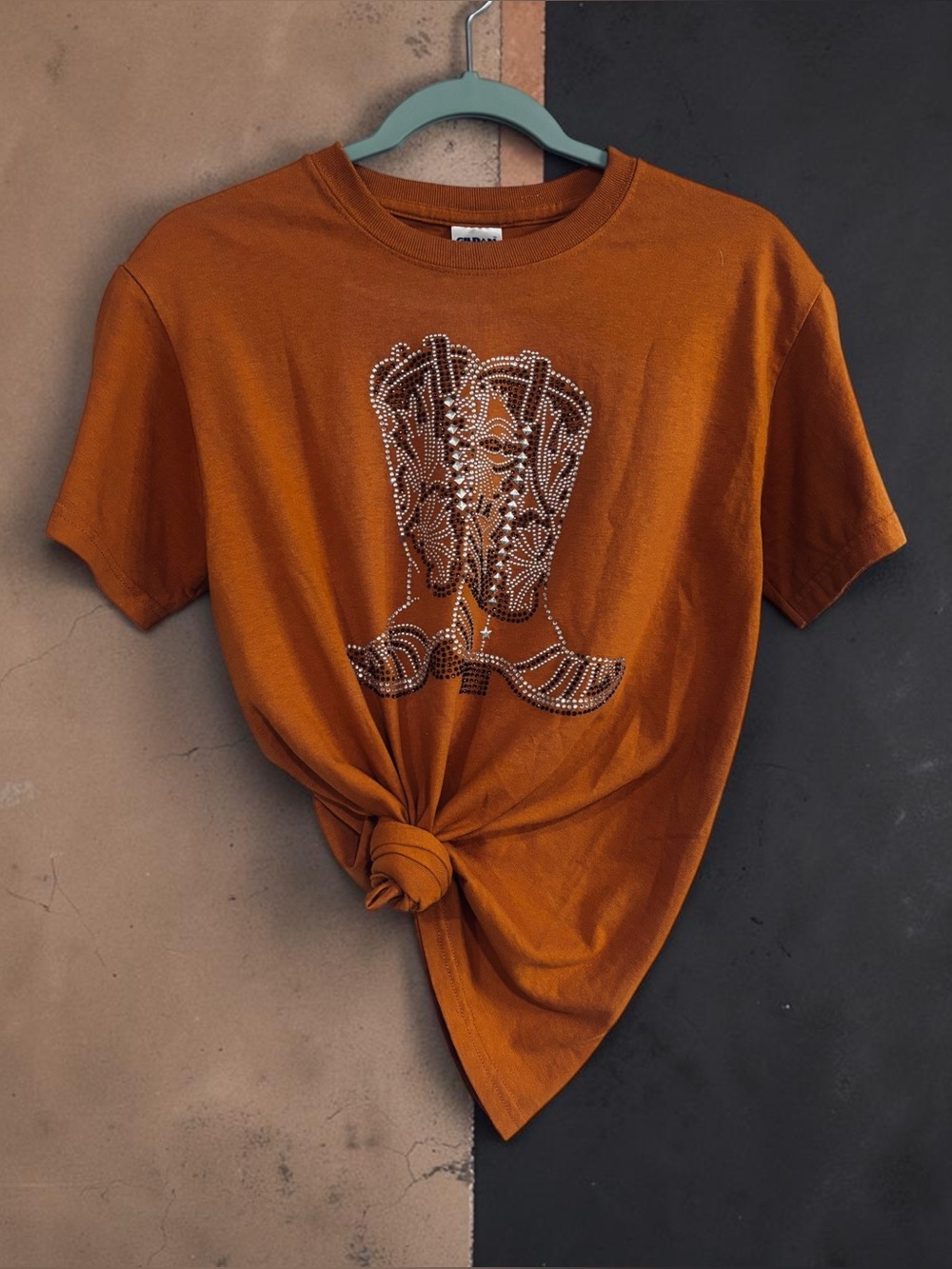 Women’s Rust Orange Studded Cowboy Boot Graphic Tee